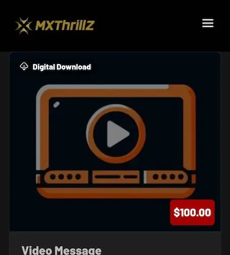 Phone card for a paid video message showing a digital download label and a price tag