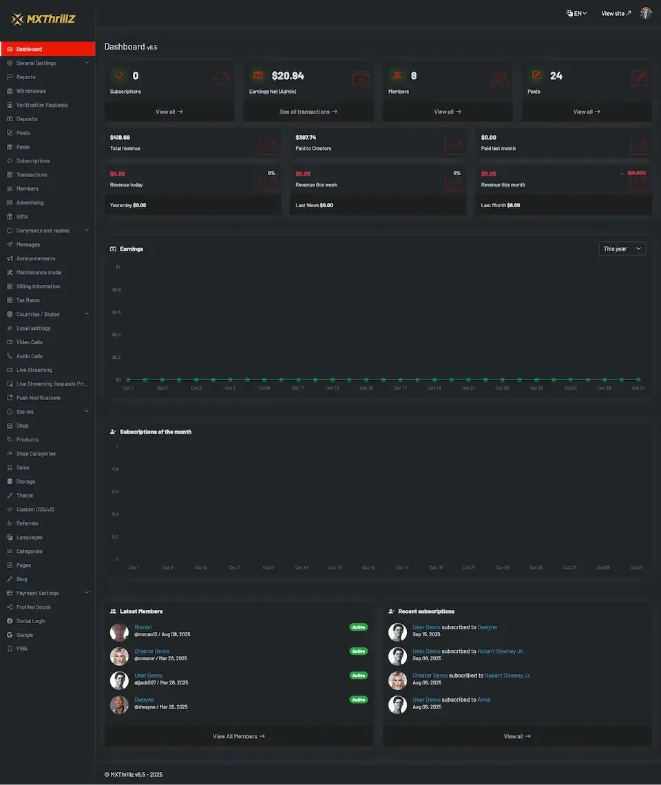 Dark admin dashboard with summary cards, earnings and subscription charts and recent member lists