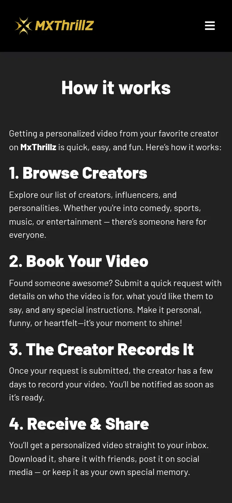 Phone view of the how it works page with four numbered steps