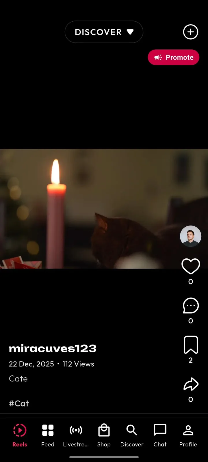 Phone full-screen video with a discover menu, promote tag and like, comment and save icons