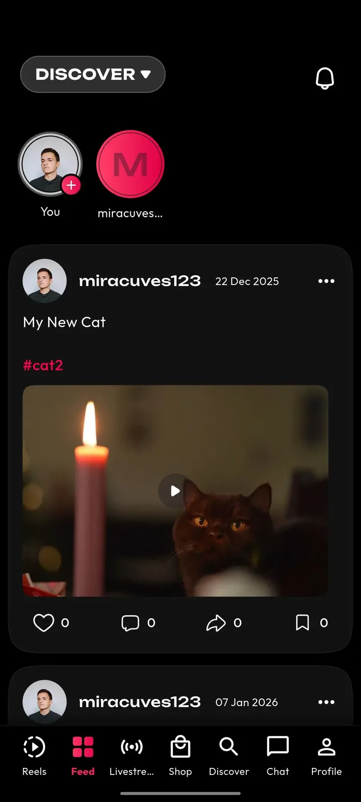 Phone feed with story circles and a post card containing a video thumbnail and action icons