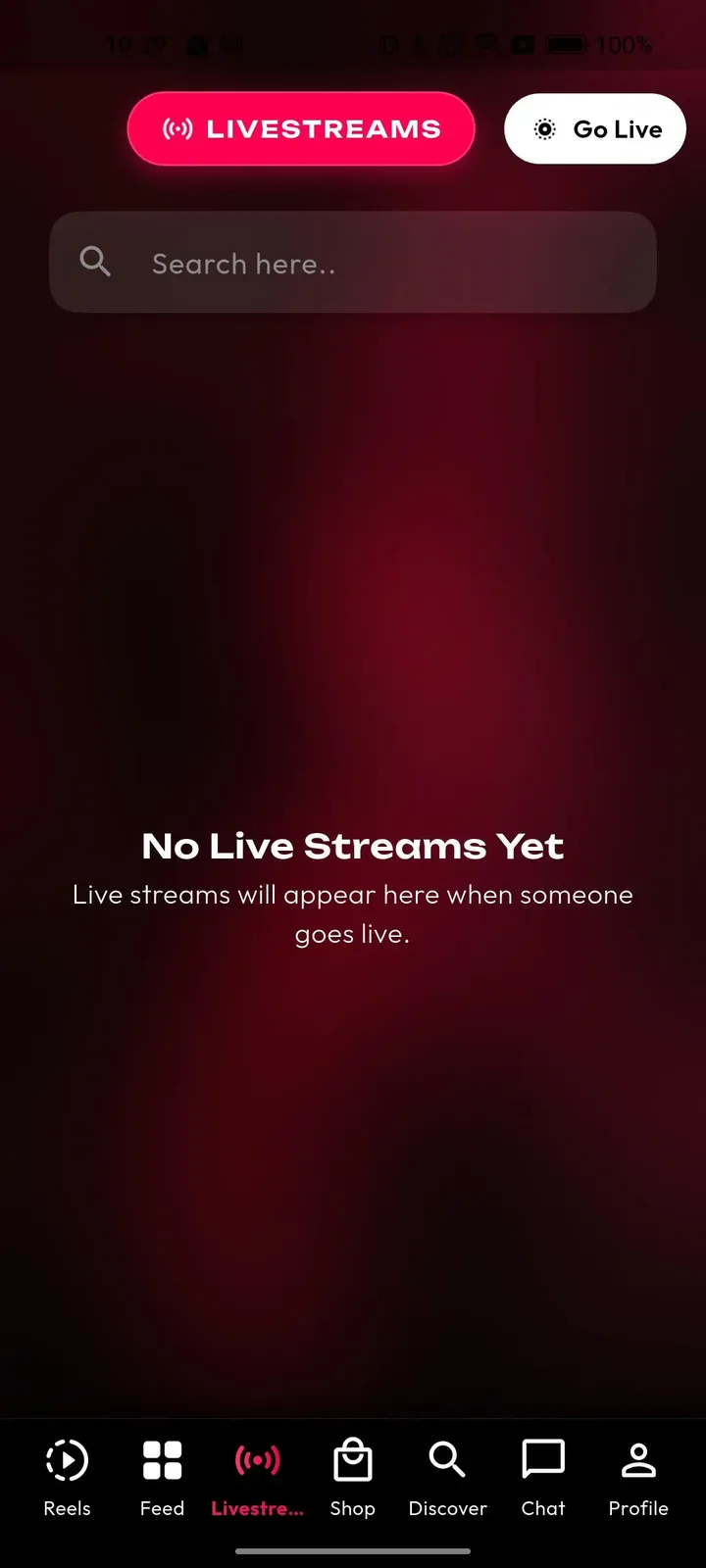 Phone livestreams tab with a search box, a Go Live button and an empty state message