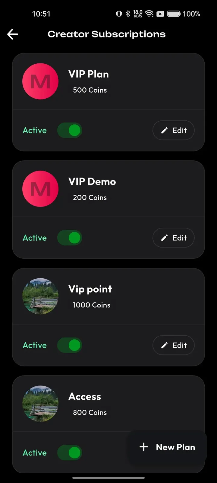 Phone creator subscriptions list with plan names, coin prices, active toggles and edit buttons