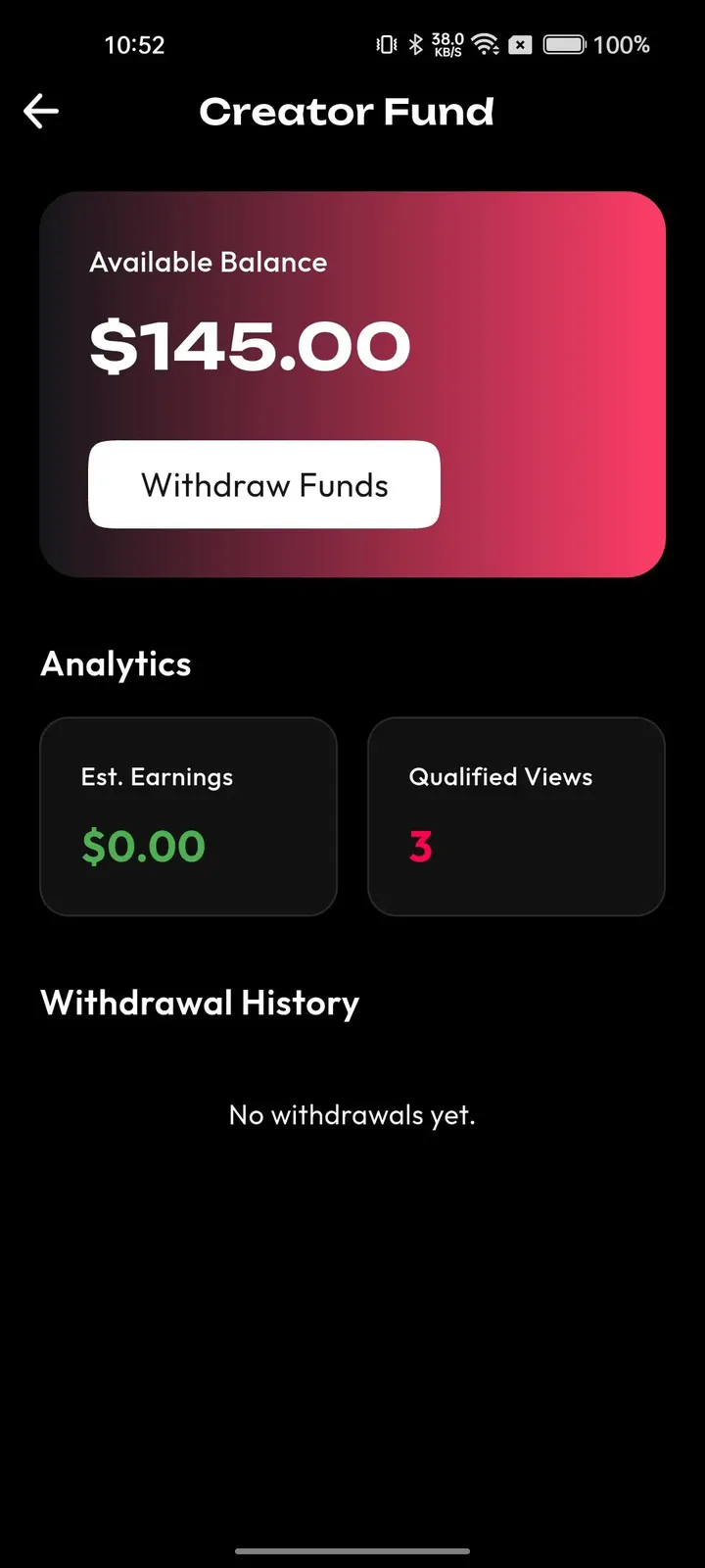 Phone creator fund with a pink balance card, withdraw button, analytics tiles and history