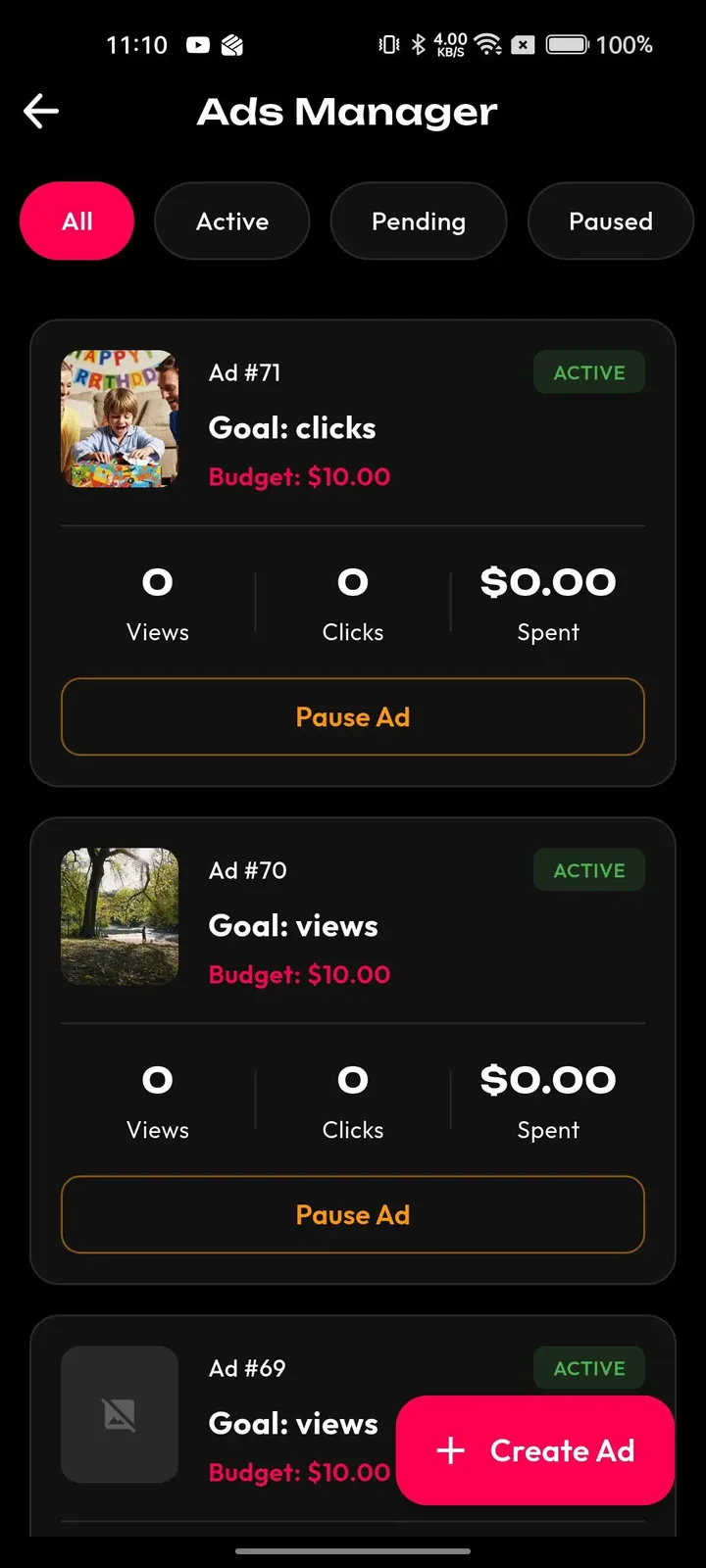 Phone ads manager with status filter chips and campaign cards showing views, clicks and spend