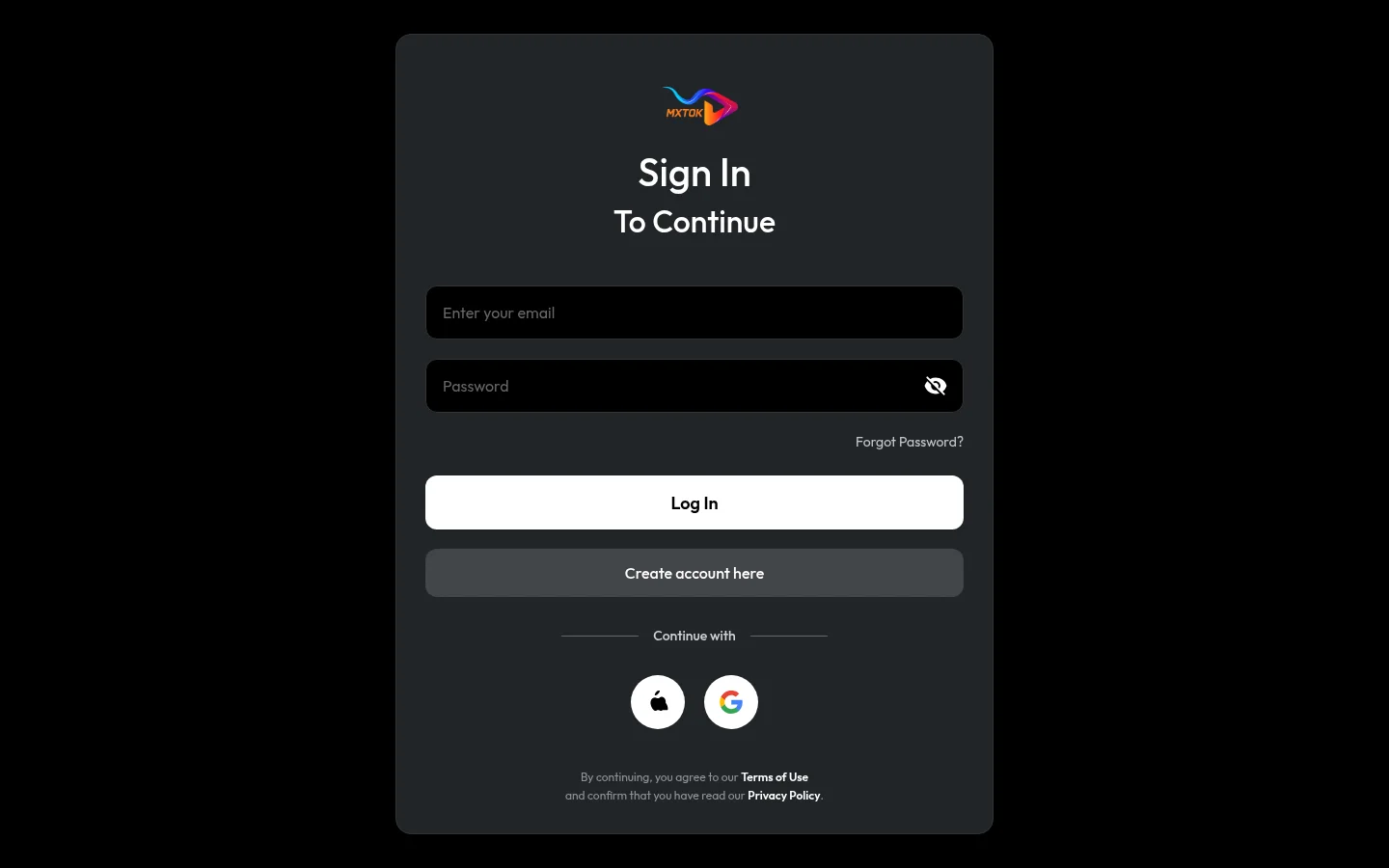 Sign in card with email and password fields plus Apple and Google buttons