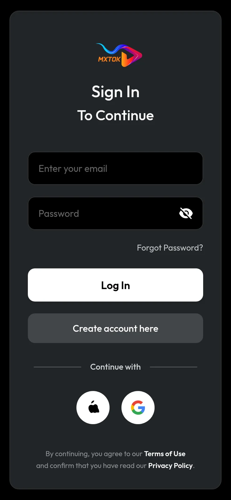 Phone sign in screen with email and password fields and social buttons