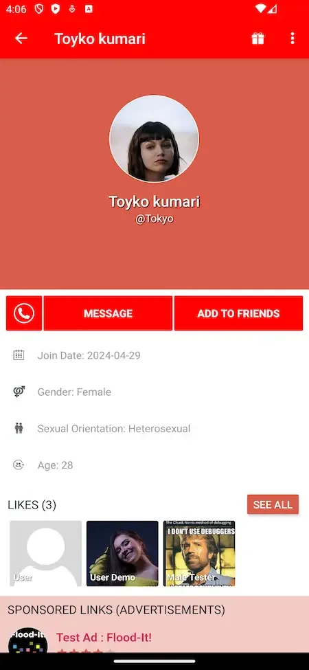 Phone member profile with a large photo, message and friend buttons, join date and likes