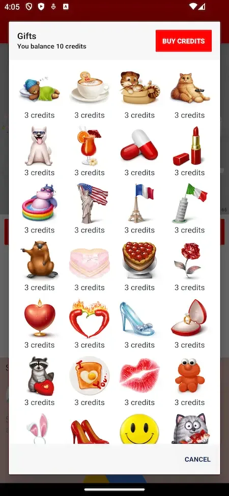 Phone gifts screen with a credit balance, buy button and virtual gift grid