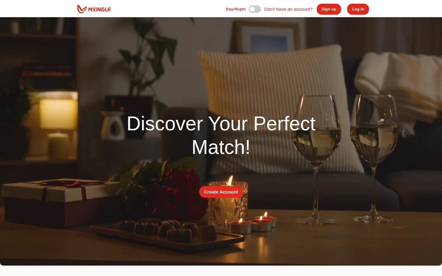 Landing hero reading Discover Your Perfect Match with a create account button