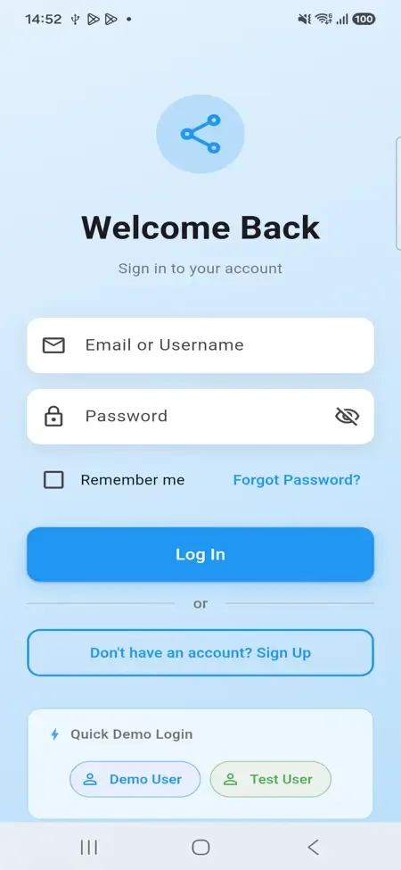 Phone sign-in screen with a blue icon, email and password fields and demo buttons