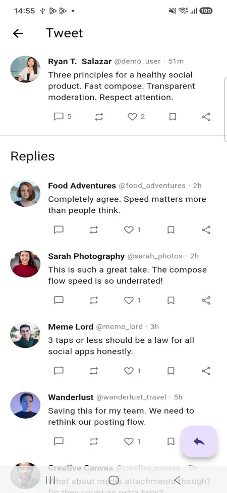 Phone post detail with the original post above a list of replies from other members
