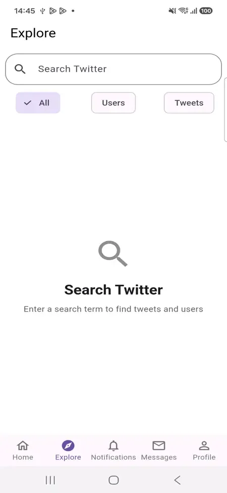 Phone explore screen with a search box, filter chips and an empty state