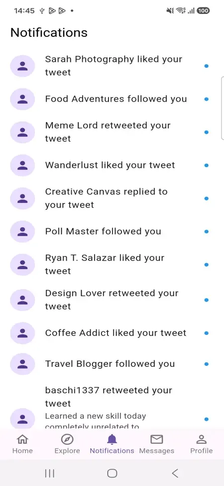 Phone notifications list showing likes, follows, retweets and replies with unread dots