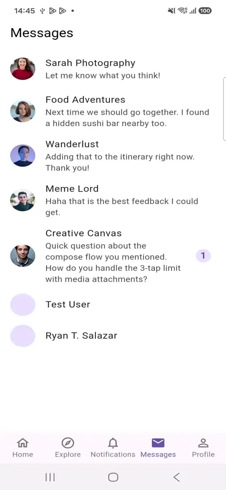 Phone messages list with member avatars, message previews and one unread badge
