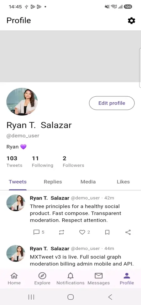 Phone profile with an avatar, handle, tweet and follower counts, tabs and recent posts