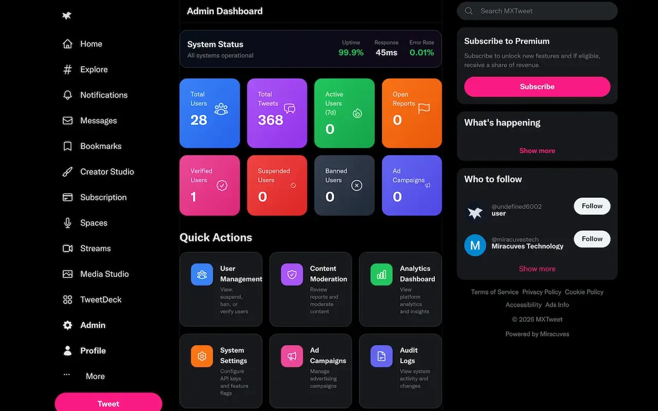 Dark admin dashboard with colored metric tiles, system status and quick action cards