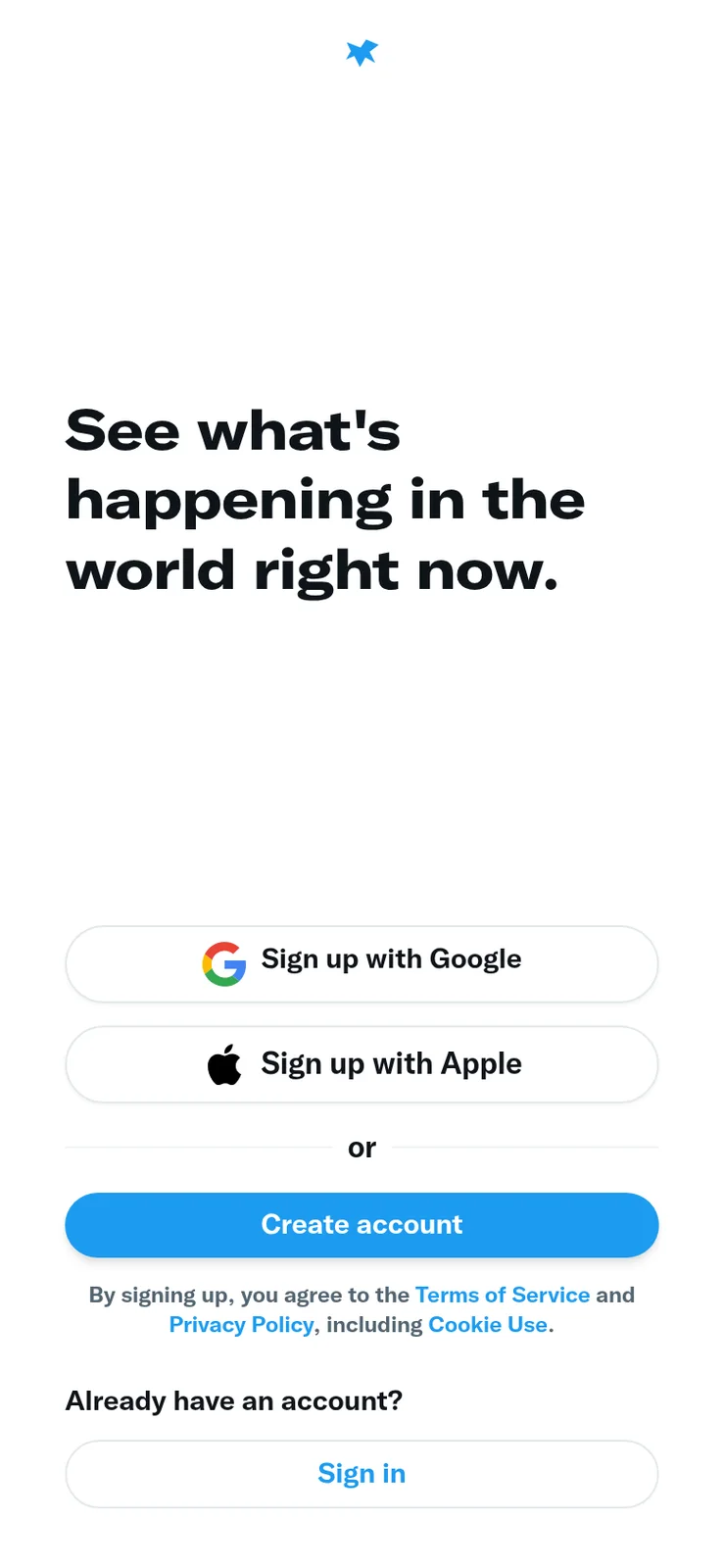 Phone landing screen with headline, sign up buttons and a sign in link