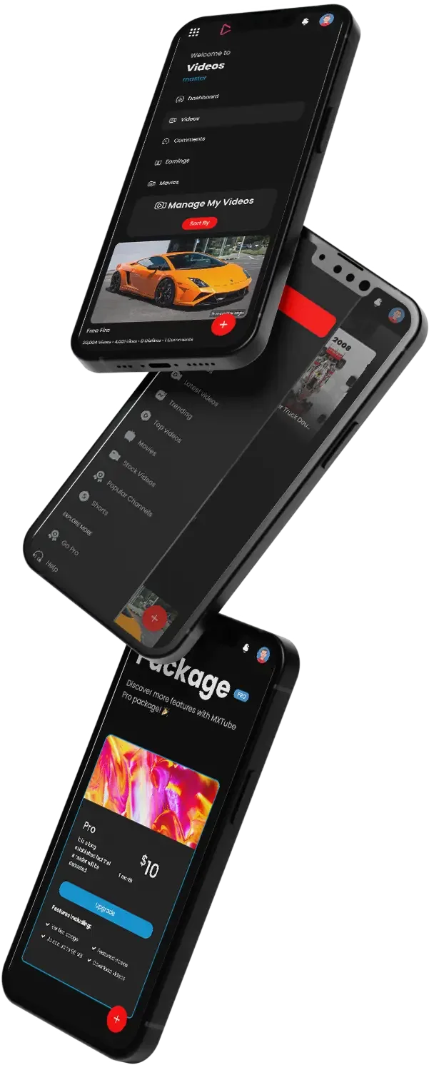 Three tilted phone mockups showing the dark video app home, a video page and a channel