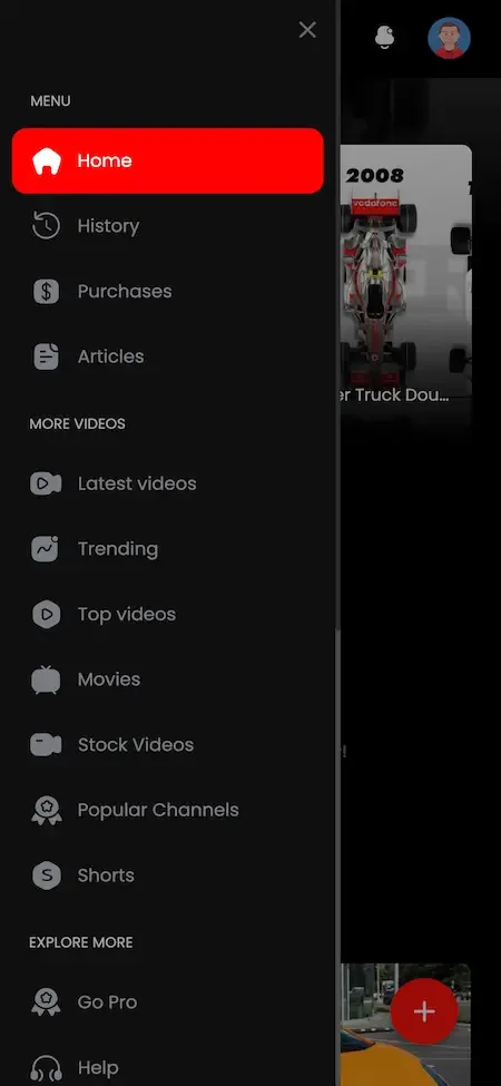 Phone slide-out menu with home, history, purchases, articles and more video categories