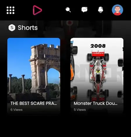 Phone home with a shorts row of vertical video cards under a search header