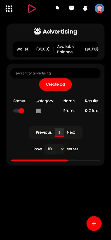 Phone advertising screen with wallet balance, a create ad button and a campaign table