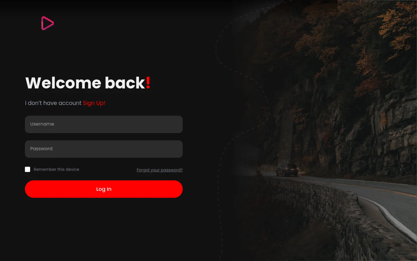 Welcome back login form with username and password over a road photo