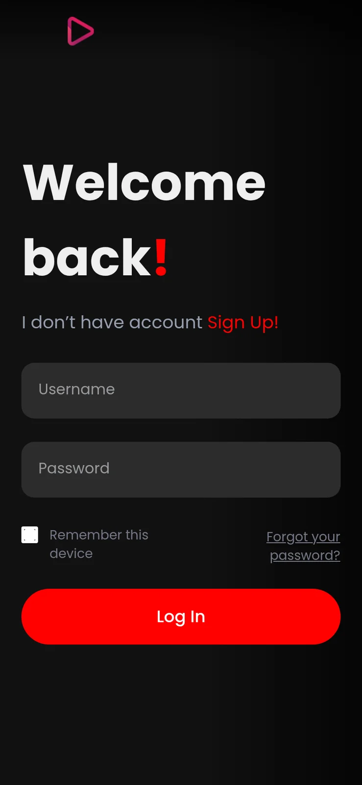 Phone login screen with username and password fields and a red log in button