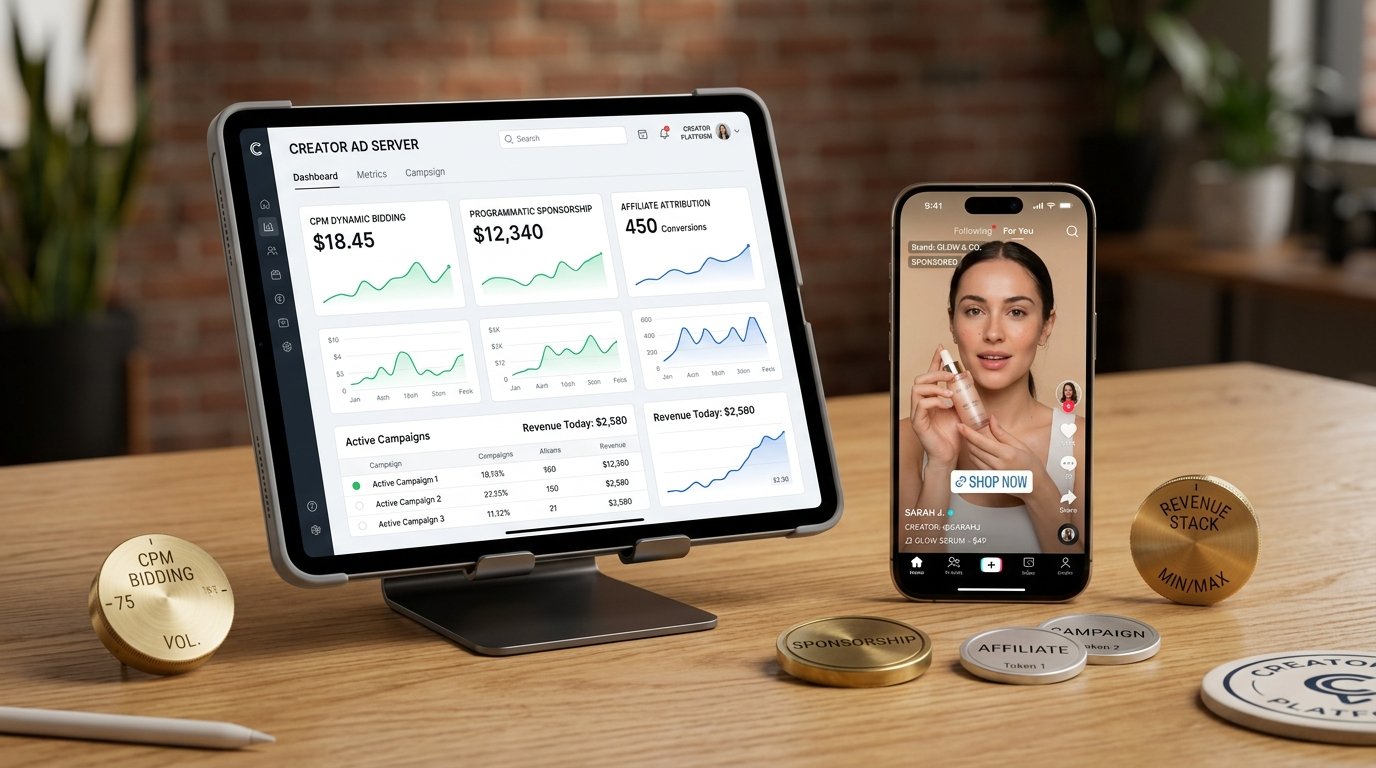 Studio 3D visual of creator platform ad server dashboard with CPM dynamic bidding, programmatic brand sponsorship, and affiliate attribution on iPad and iPhone.