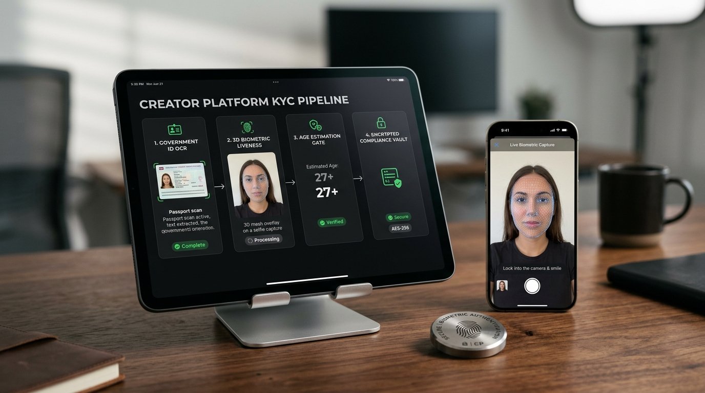 Studio 3D product shot of creator platform KYC identity verification pipeline with government ID OCR, 3D facial liveness mesh, and encrypted compliance vault.