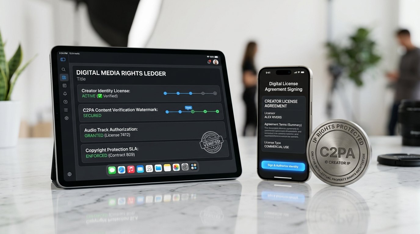 Studio 3D architectural shot of digital likeness licensing and creator IP rights architecture on iPad and iPhone with C2PA cryptographic verification tokens.