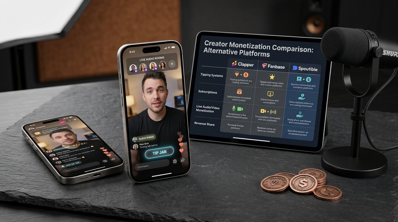 Commercial 3D product shot of community video and audio room monetization models on iPhone and iPad with direct tipping tokens and studio microphone.