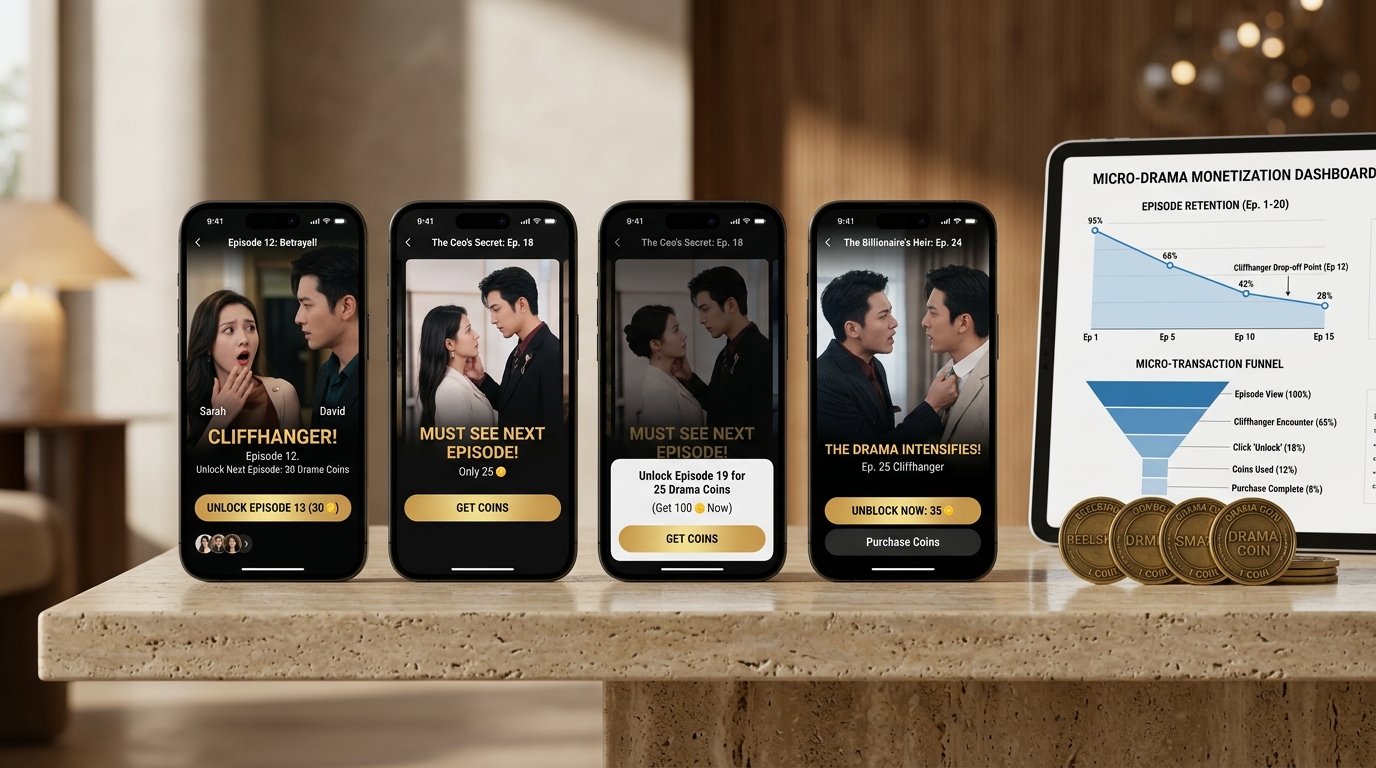 3D commercial studio shot of vertical micro-drama apps showing cliffhanger paywalls, drama coin unlocking, and episode retention curves.