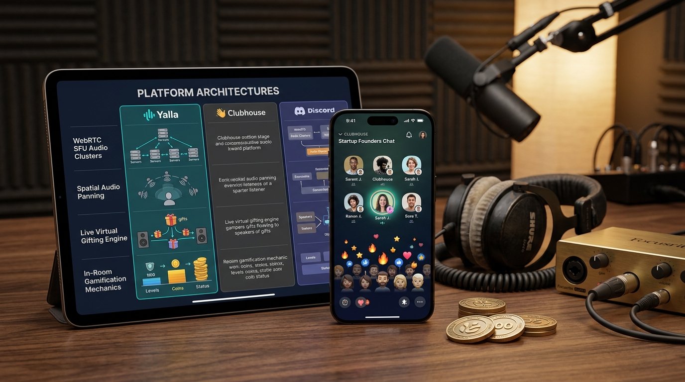 Studio 3D comparison of live social audio room architectures (Yalla, Clubhouse, Discord) showing WebRTC SFU audio clusters, spatial audio, and virtual gifting on iPad and iPhone.