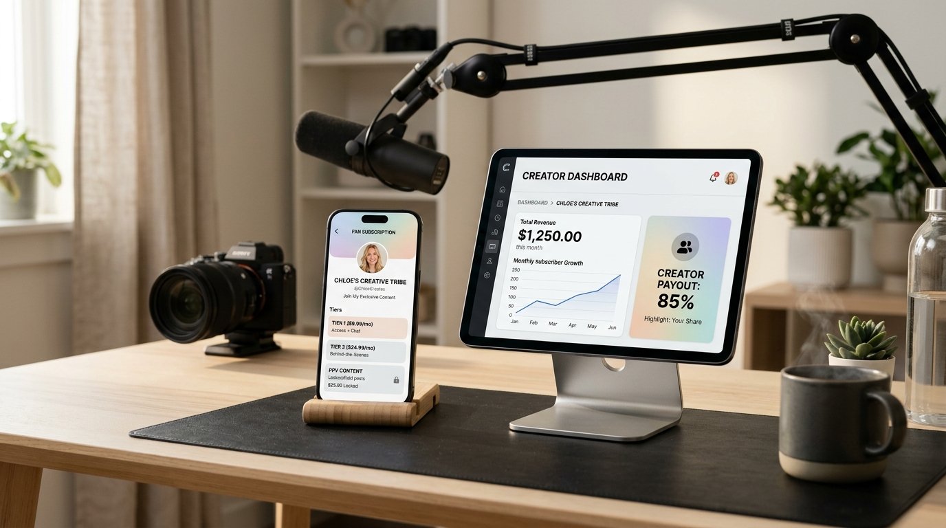 Studio photography of a modern digital creator desk with smartphone fan subscription tiers and tablet displaying creator revenue analytics dashboard with 85 percent payout