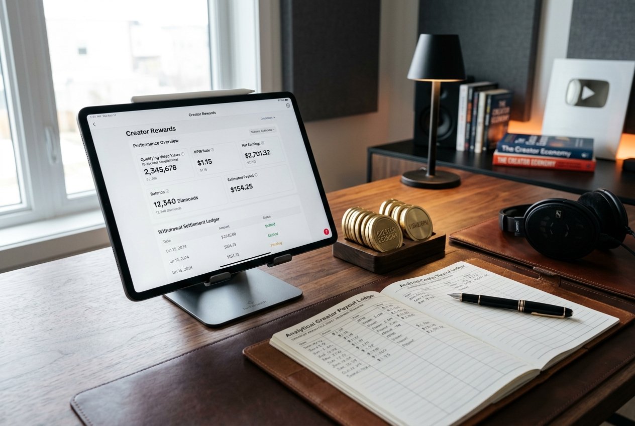High-end studio 3D visual of TikTok creator earnings breakdown on iPad and iPhone showing Creator Rewards Program RPM, LIVE gifts, and Shop affiliate commission flows.