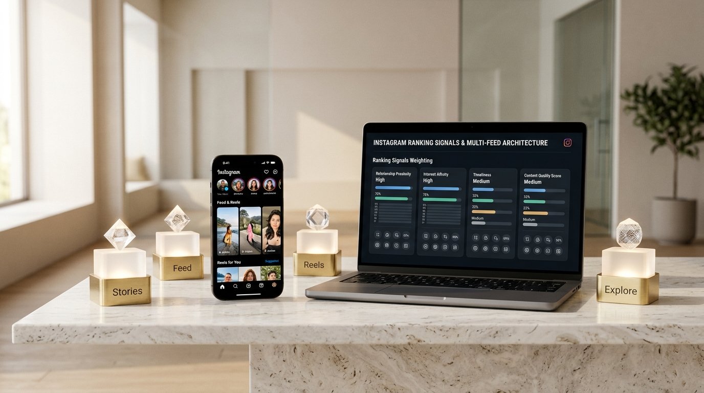 Studio 3D product shot of Instagram multi-feed ranking architecture showing signal weighting for relationship proximity, interest affinity, and content quality.