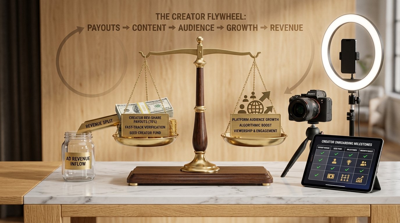 Studio 3D representation of the creator revenue flywheel balancing creator payouts, audience growth, and tiered onboarding milestone incentives.