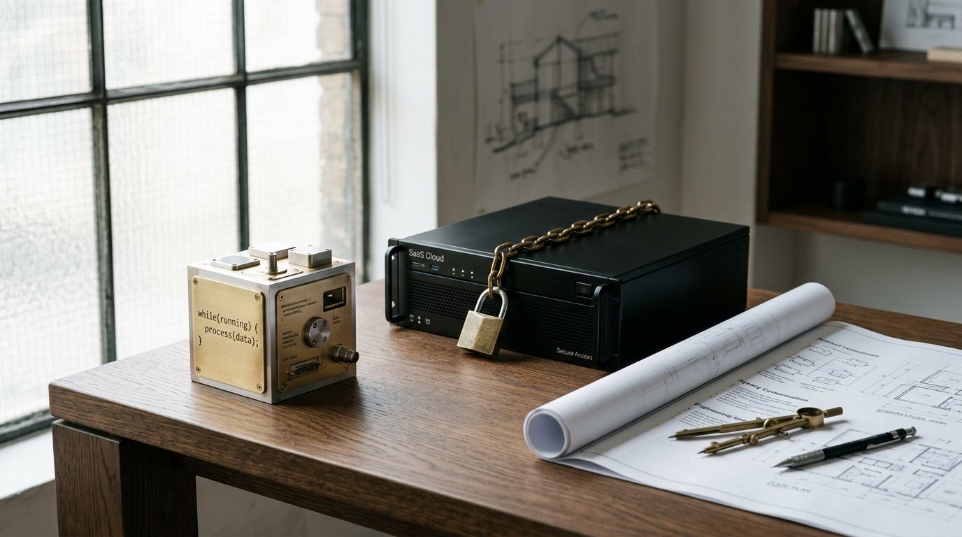 Studio architectural concept showing modular source code hardware cube, locked SaaS server chassis, and custom engineering blueprint on oak desk